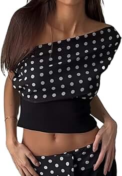 Women Sexy Polka Dot Off Shoulder Crop Top Mesh Patchwork