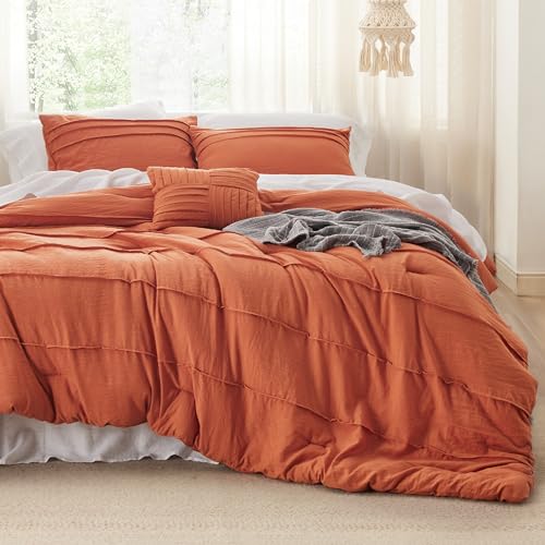 Image of Bedsure King Comforter Set - 4 Pieces Pinch Pleat Bed Set, Burnt Orange Boho Bedding for All Season, 1 Soft Comforter, 2 Pillowcases, 1 Decorative Pillow