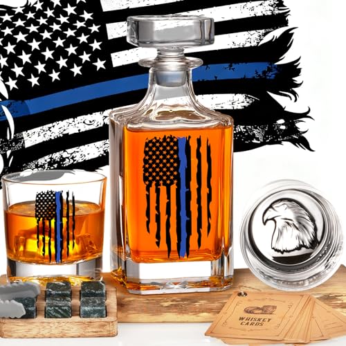 Image of PONPUR Police Officer Gifts for Men, Blue Line Tattered Flag Whiskey Decanter Set with Stones & Glasses, Cool Gifts for Policeman, Retirement & Law Enforcement, Police Academy Graduation Gift