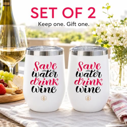 Image of Biddlebee Insulated Wine Tumblers with Lids, 2-Pack, Save Water Drink Wine | Stainless steel stemless glasses; hot or cold for hours; unbreakable outdoor and travel cups; funny gift for mom, bestie