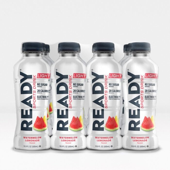 Ready® Sports Drink Light, Low Calories, No Added Sugars, Real Food Carb Source for Energy, Four Electrolytes for Hydration, Super Fruits, B Vitamins, 16.9 Fluid Ounces, 12 Pack (16.9 oz, Watermelon Lemonade)