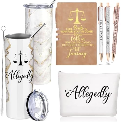 Domensi 6 Pcs Funny Allegedly Lawyer Gifts Judge Gift Back to School Gift for Students 20 oz Marble Sign Tumbler Makeup Bag Notepad Ballpoints for Law Paralegal School College Teacher(White)