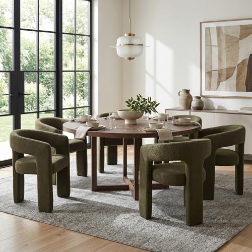 Image of HNY Modern Barrel Kitchen & Dining Room Chairs Set of 6, Sherpa Upholstered Accent Chairs with Arm, 18.5'' Wide Side Armchairs Vanity Chairs for Living Room Bedroom Makeup Small Spaces, Green