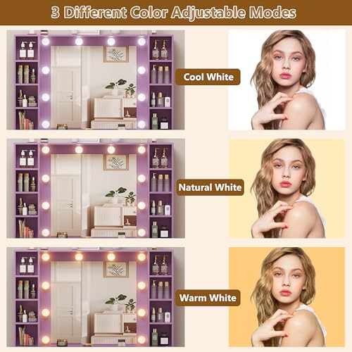 Image of HUANLEGO Purple Vanity Desk with Mirror and Lights, Glass Top Vanity with Lighted Mirror & RGB Glass Cabinet and 3 Drawers, Makeup Desk with Lights Dressing Table for Bedroom, 3 Color Modes