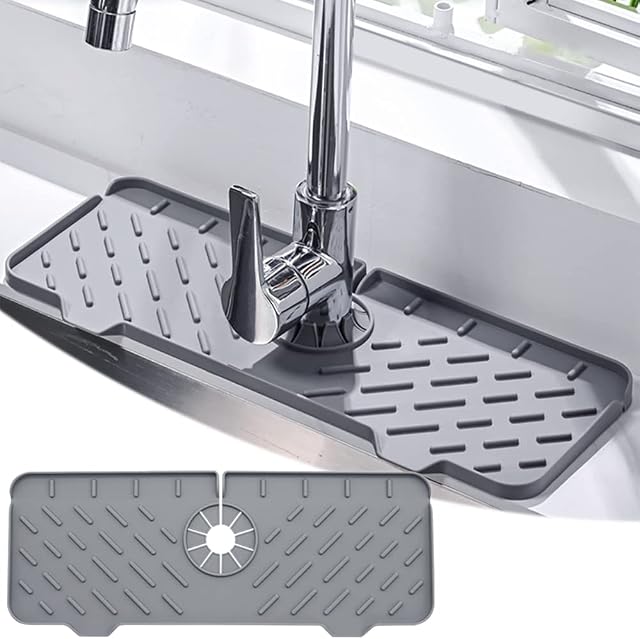 kukifun Silicone Faucet Handle Drip Catcher Tray,Kitchen Sink Faucet Splash Guard,Silicone Tap Drip Tray,Silicone Draining Mat,Kitchen Sink Mat,Silicone Drying Mat,Sink Protector,Gray,A Style