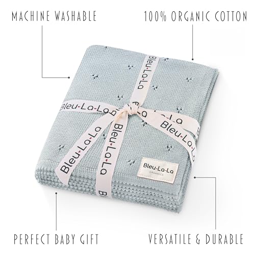 Image of 100% Luxury Organic Cotton Pointelle Knit Baby Quilt Blanket for Boys - Refined Lightweight Heirloom Nursery Essential (Pointelle - Powder Blue)