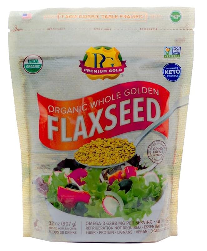 Premium Gold | Organic Whole Flax Seed | 2 lbs, Gluten-Free, Non-GMO, Kosher, Raw Seeds, Excellent Source of Fiber, Source of Omega-3, Plant-Based Protein, Ideal for Beverages, Baking & Topping