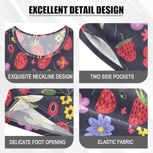 ALAZA Flower Strawberry Floral Black Pajamas Short Sleeve 2 Piece Sleepwear Top and Bottom Pajama Set Unisex4