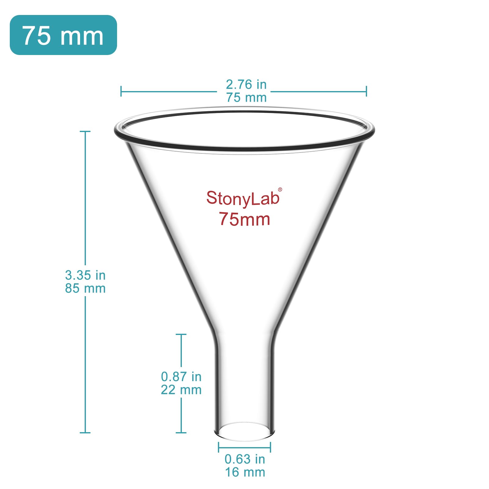 stonylab Imbuto in Vetro per Polvere, Muro Pesante Powder Funnel Vetro Borosilicato Imbuto a Stelo Corto con Diametro Superiore di 75 mm e Lunghezza dello Stelo di 22 mm
