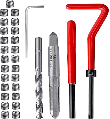 Fixinus 30 Piece M8 x 1.25mm Thread Repair Insert Kit Stainless Steel Thread Repair Kit Helicoil Coil Compatible Hand Tool Set for Auto Repair