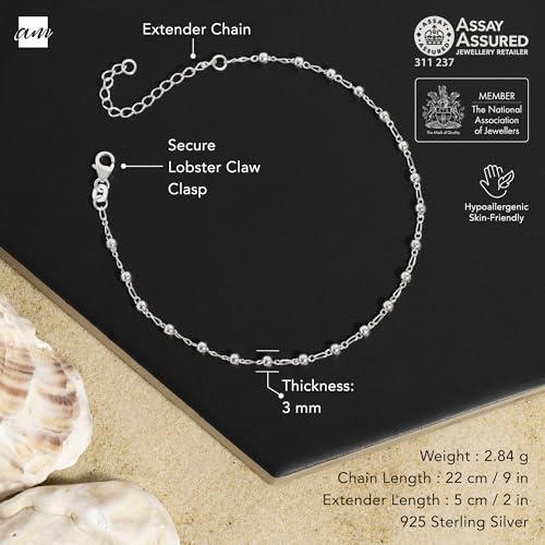 Image of Amberta Italian Sterling Silver Anklet for Women 925 | Adjustable Ankle Bracelets for Women Beaded Heart Summer Jewellery