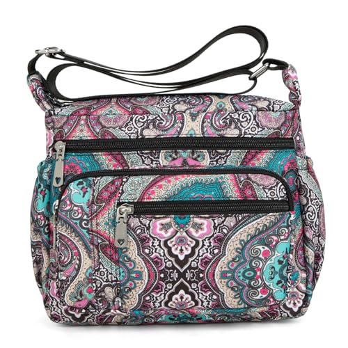 F.FETIVIN Women Floral Shoulder Handbag Roomy Multiple Pockets Bag Ladies Crossbody Lightweight Nylon Travel Purses