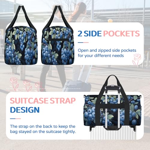 Watercolor Blueberries Sports Duffle Bag for Women Men Waterproof Overnight Weekender Bag with Adjustable Strap Travel Tote Bags for Beach Yoga Work Dance Swim4