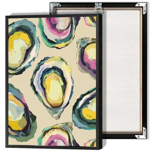 Image of Abstract Coastal Oyster Shell Poster Colorful Beachy Shell Canvas Wall Art Funny Summer Seaside Shell Aesthetic Prints Painting For Home Living Room Kitchen Restaurant Wall Decor 12x16in Framed