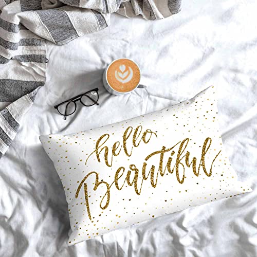 Mugod Rectangle Throw Pillow Cover Gold Glitter Motivational Quote Hello Beautiful,Decorations Cushion Case For Sofa Couch 20X30 Inches Pillowcase #TOP6