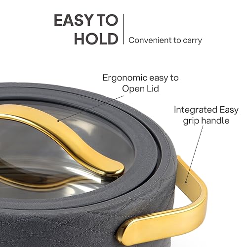 Image of CELLO Velvetto Deluxe 1500 Insulated Casserole Hot Box for Kitchen 1500 ml, Grey | Airtight See Through Lid Hot Pot Case Keeps Food Hot & Warm for Long Hours, Casserole Set for Roti, Rice & Biryani