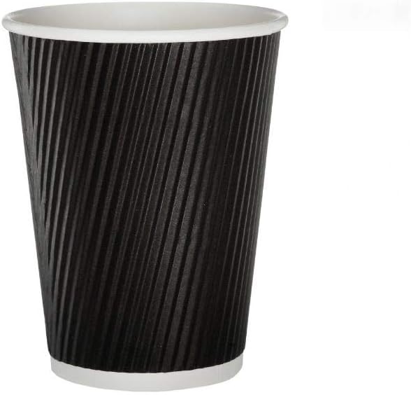 50x Black Ripple Disposable Hot Takeaway Coffee Cups (12oz-16oz,8oz) + Black Lids (8oz)