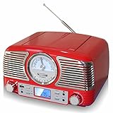 TechPlay QT62BT RED, Retro Design Compact Stereo CD, with AM/FM Rotary knob, Wireless Bluetooth Reception, SD and USB Ports. with AUX in and Headphone Jack