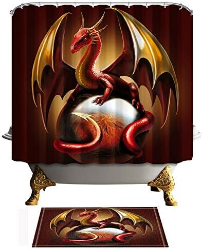Shocur Red Dragon Shower Curtain, Western Medieval Fantasy Magic Animal, 72 x 72 Inches Polyester Fabric Bathroom Decor Set with 12 Hooks