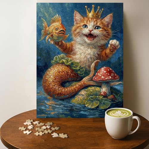 Casse-tête Sirène Chat Animal - 500 Pièces Bois Adultes, Cadeau Décoration, 20 x 15 Pouces