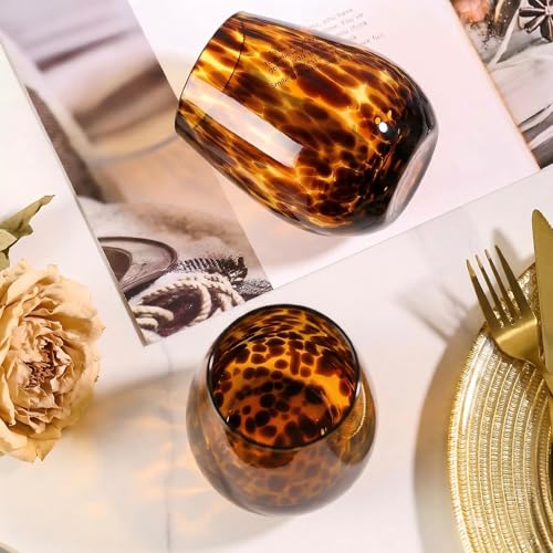 Condition photo showing New/Like New for tortoise shell stemless wine glasses set of 4, brown decorative tumbler cups for wine & drinks? stemless drinking glasses for wedding gifts, housewarming, 15oz