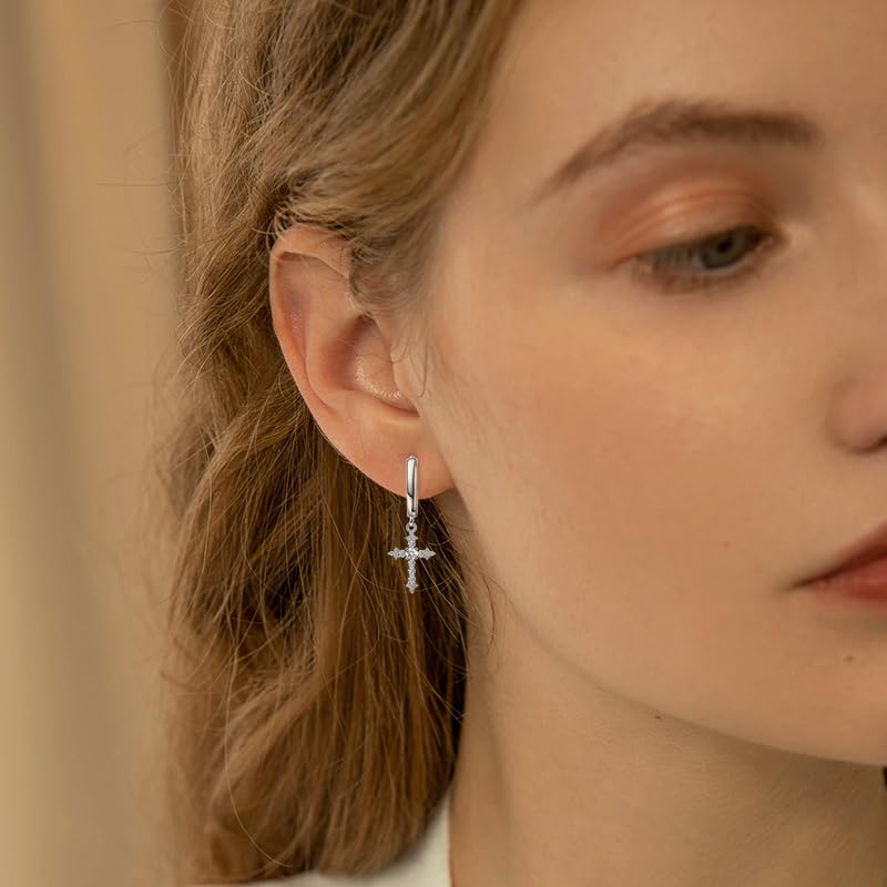Sterling Silver Cross Earrings for Women White Gold CZ Cross Dangle Hoop Earrings Cuff Cartilage Hypoallergenic Sparkling Cross Huggie Earrings For Men Women Easter Jewelry Gifts Birthday4