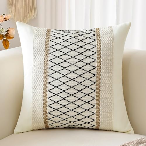 Sungeek Boho Decorative Cushion Cover 50x50cm, Cotton & Burlap Textured Striped Woven Bohemian Farmhouse Throw Pillow Cover Pillowcase for Sofa Couch Living Room, Beige & Black Grid, 1 PCS
