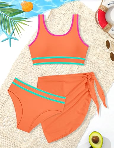 Image of Girls Swimsuit Double Strap High Waist Sporty Bikini Swimsuits Swim Cover Up Skirt 3 Piece Set