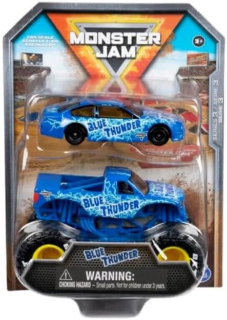 Miniatura 1 de Monster Jam Paquete de 2 camiones Monster y auto de carreras a presión a escala 164 oficial Son-uva Digger (Trueno Azul)