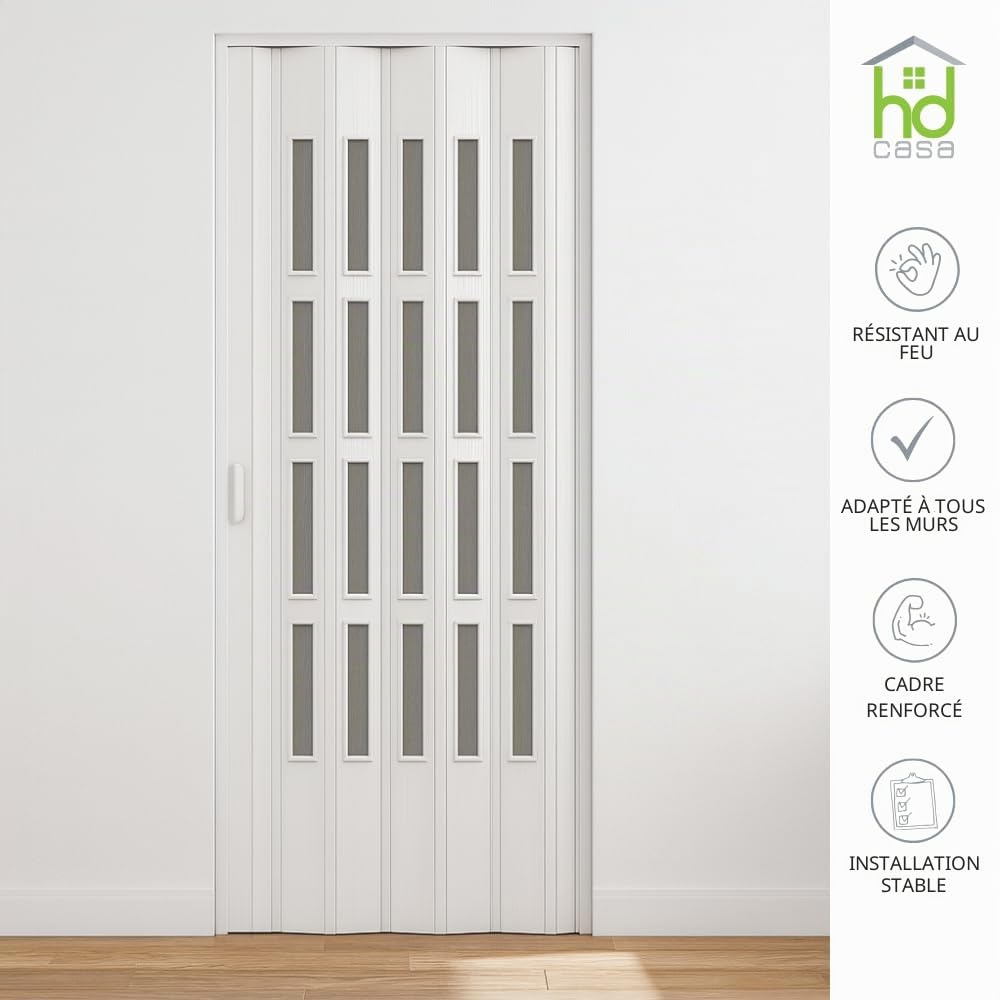 HD CASA Porte pliante standard Extra, PVC avec vitrage transparent, réversible et réglable en hauteur longueur, à monter soi-même, fabriquée Italie, ameublement, blanche 82 x 200 cm