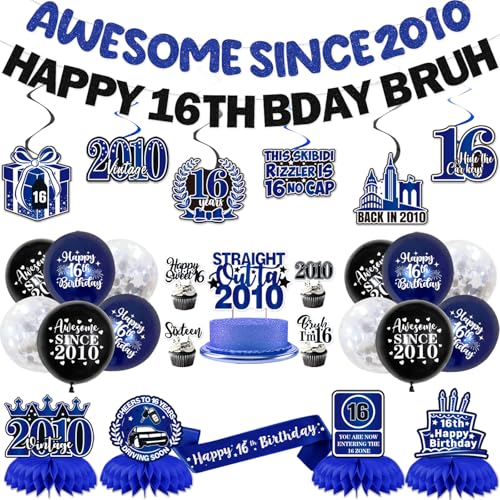 Image of 16th Birthday Decorations Boys Girls, Blue Happy 16th Birthday Party Decorations, Pre-Strung Awesome Since 2010 & Happy 16th Bday Bruh Banner, Balloon, Hanging Swirl, Cake Topper, Bday Sash Honeycomb