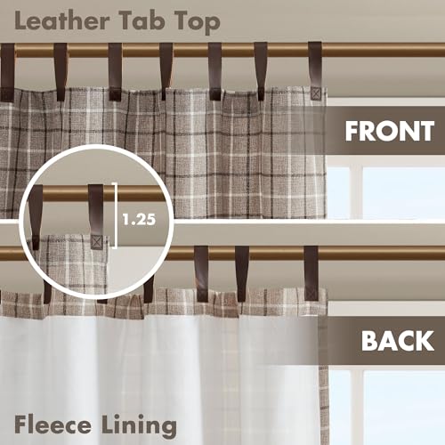 Image of Madison Park Anaheim Cabin Plaid Curtain Window, Thermal Insulated Fleece Lining, Living Room Decor Room Darkening Drape for Bedroom, 1-Single Panel Pack, 50x95 Faux Leather Tab Top, Brown