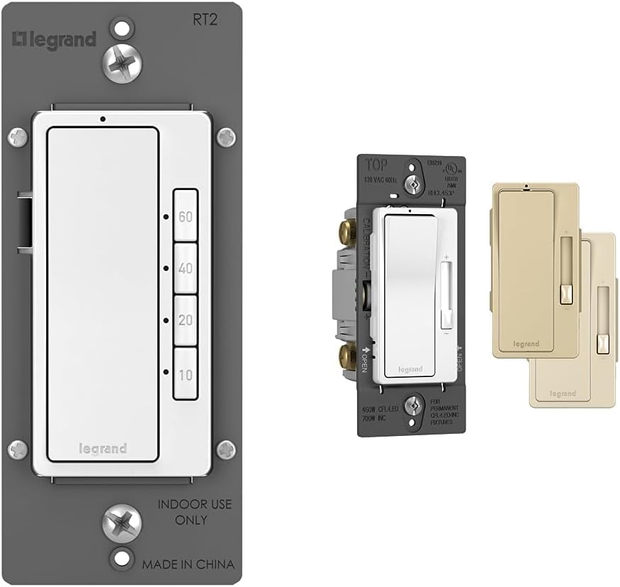 Legrand - Pass & Seymour Radiant 4 Button Light Switch with LED Locator, White Digital Light Switch with Countdown Timer and Rocker Wall Switch (RT2WCCV4, 1 Count) and Legrand - Pass & Seymour Radiant Dimmer Light Switch, Single Pole Dimmer Switch and 3 Way Rocker Wall Switch, Interchangeable Tri-Color Faceplates Paddle Dimmer (RHCL453PTCCCV4, 1 Count)