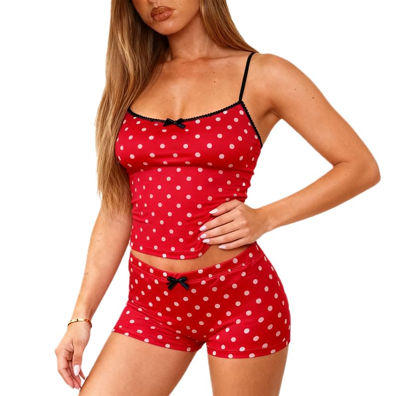 Image of Womens Y2K Cute Print Cami Pajama Sets Lace Trim V Neck Tank Top Shorts Set Bow Heart Print 2 Piece Sleepwear