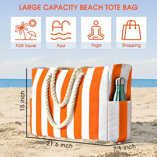 Image of Becokan Women's Pool Swim Bag - Waterproof Sandproof Large Stripe Beach Tote with Zipper