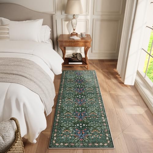 Image of Non-Slip Washable Runner Rug for Hallways, 2x6 Ultra-Thin Floral, Boho Soft Forest Green Carpet for Kitchen, Bathroom & Laundry Room