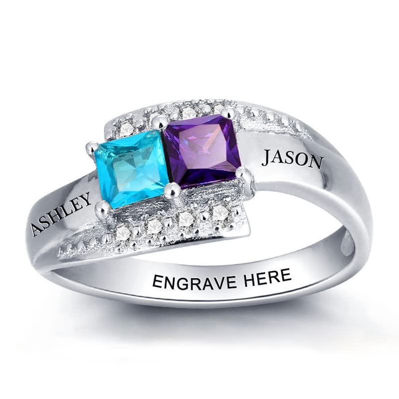 Personalisierte Ringe Gold 9K/14K/18K Namensring für 2 simulierte Birthstones Zirkonia Herz Ring Eheringe Mit Wunschnamen Gravur Damen Schmuck Geschenk für Mutter Freundin-3