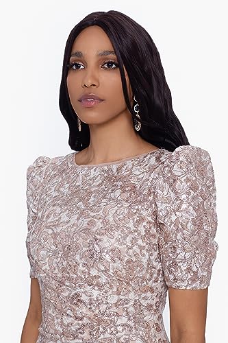 Xscape Women's Long Lace Sequin Side Ruched Dress (Reg and Petite), Sand, 14P3