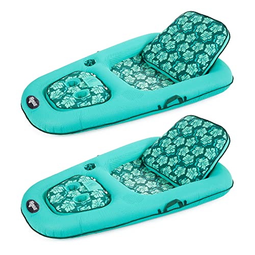 Aqua Leisure Campania 2 in 1 Convertible Lounger Recliner and Luxurious Inflatable Pool Float with Beverage Caddy in Multi Floral Print, Teal (2 Pack)