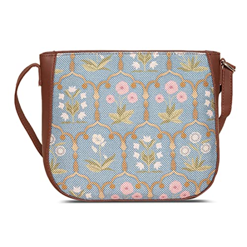 Image of Zouk Women's Handcrafted Powder Blue Jaipur Fresco U Shaped Sling Bag