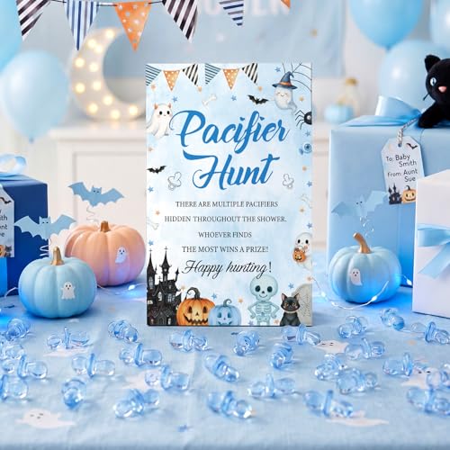 Image of Thyle 51 Pcs Blue Halloween Pacifier Hunt Baby Shower Games Cute Pumpkin Ghost Baby Shower Game Decoration Include Hunt Sign and Acrylic Pacifiers Gift Sets for Halloween Gender Reveal Party Decor