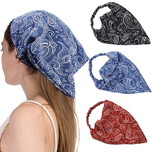 Floral Head Kerchief Hair Scarf - 3PCS Chiffon Hair Bandanas Print Floral Hair Scarf Headband with Hair Clip Kerchief Head Scarf Bandana for Women (Cashew(Navy/Burgundy/Black))