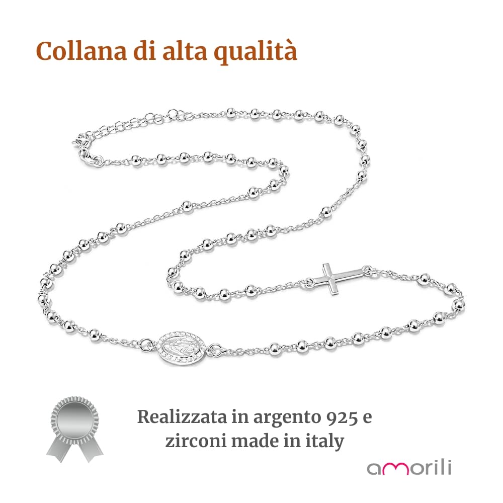 Collana Rosario Donna in Argento 925 con Medaglia Miracolosa e Zirconi – Collana Religiosa Cattolica Cristiana di Fede – Gioiello Elegante Idea Regalo cll2234
