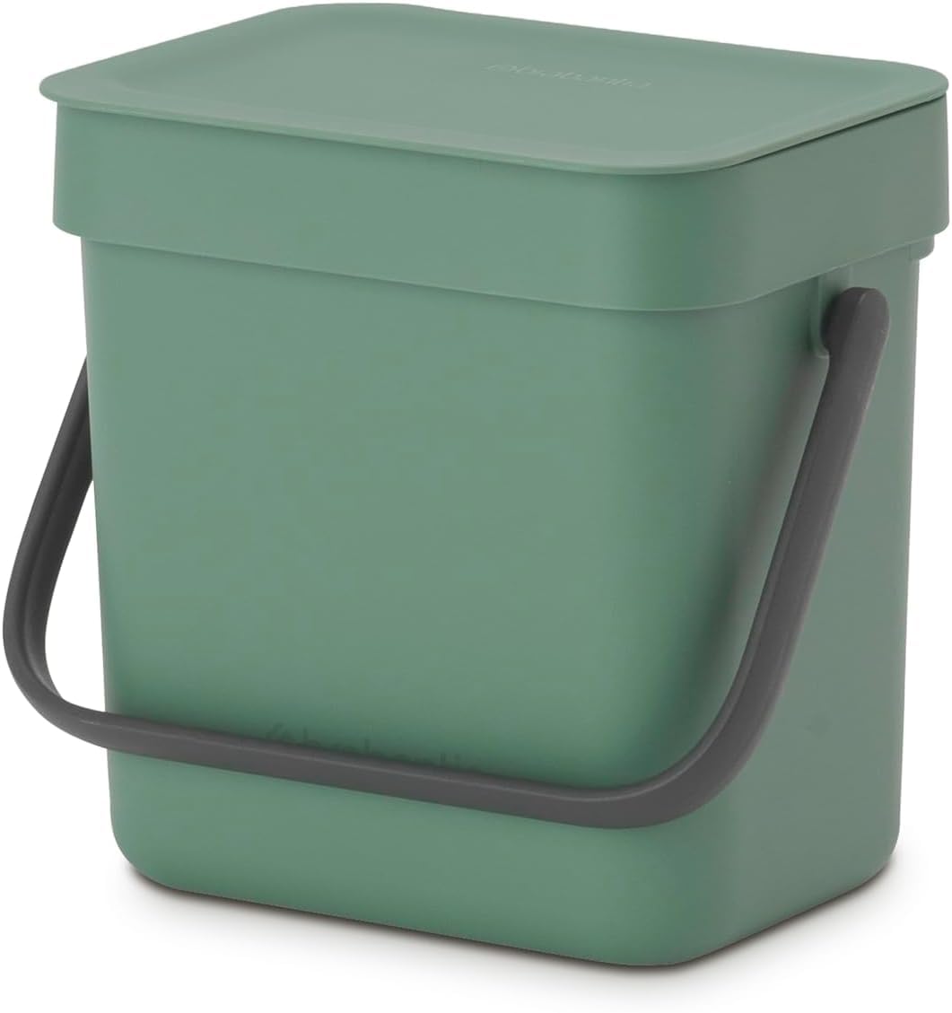 Brabantia Sort & Go Food Waste Bin 3L (Fir Green), Space-Efficient Plastic Recycle Bin with Handle, Removable and Stay-Open Lid, Easy to Clean Kitchen Compost Caddy without Nooks and Rims