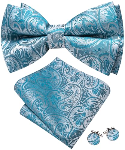 Barry.Wang Teal Bow Tie for Men Paisley Silk Pre-Tied Bowtie Pocket Square Cufflinks Set Formal Tuxedo Wedding Party Prom