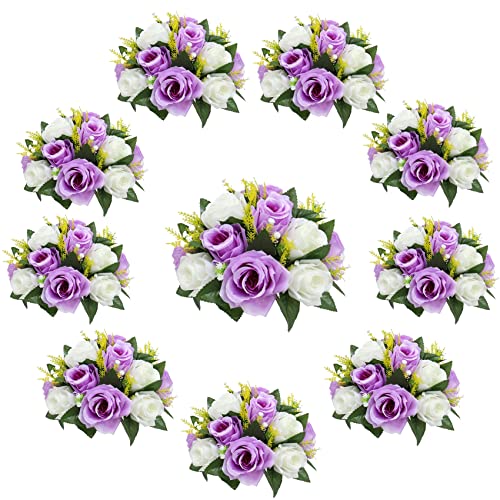 15 Heads of Artificial Flowers Wall Panels, Flower Balls for Centerpieces, Handmade of High Quality Silk Fabric, for Wedding Party Valentine's Day Decoran, W Hite + Light Purple, 10 pieces