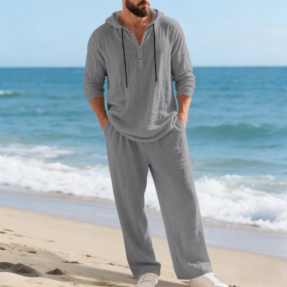 Homme Ensemble en Lin 2 Pièce Chemises T-Shirt à Capuche Hoodie à Manches Longues et Pantalons Ensembles Décontracté Mode Survêtement