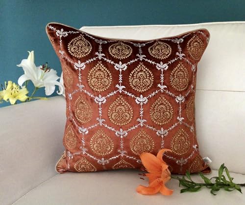 Image of TARA- Sparkling Homes 18 x 18 Inches Zari Embroidered Velvet Cushion Covers, 'Padmini' from 'The Royal Collection', Set of 1 (Burnt Orange, 18 x 18 Inches)