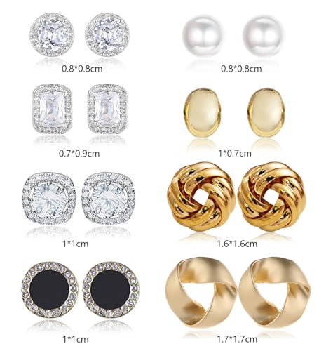 8 Pairs Stud Earrings Set for Women Cubic Zirconia Halo Studs Gold Knot Twist Stud Earrings Faux Pearl Simple Post Earrings for Women4