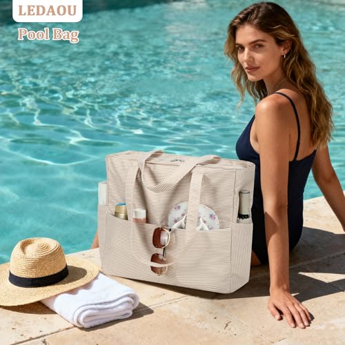 Image of LEDAOU Beach Bag Waterproof Sandproof Women Beach Tote Pool Bag with Zipper for Swim Gym Grocery Travel with Wet Pocket | Sandproof